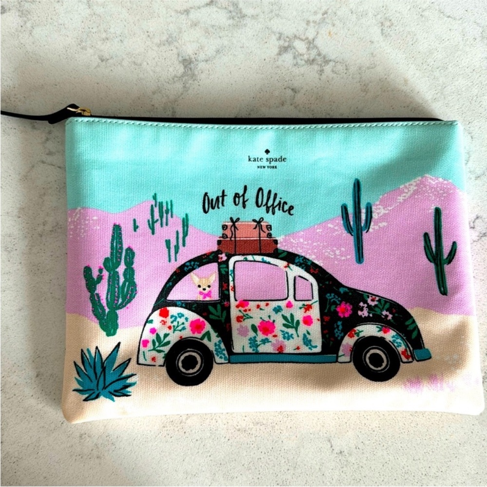 Kate Spade Out of Office VW Dog Floral Oversized Cosmetic Bag Limited Edition - Picture 7 of 11
